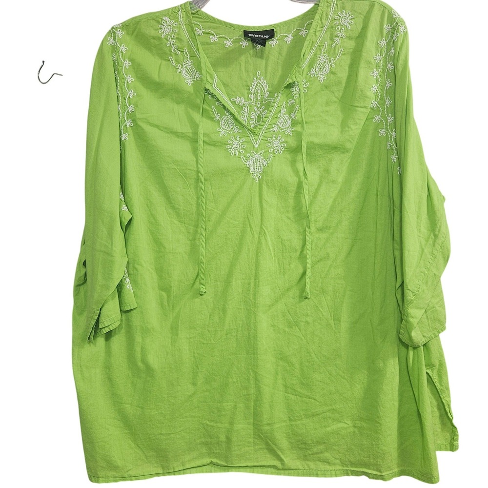 Avenue Womens Lime Green Cotton Embroidered Tunic Peasant Top 26/28 Comfort Fit